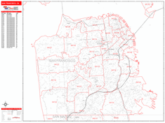 San Francisco Wall Map Zip Code Red Line Style 2024